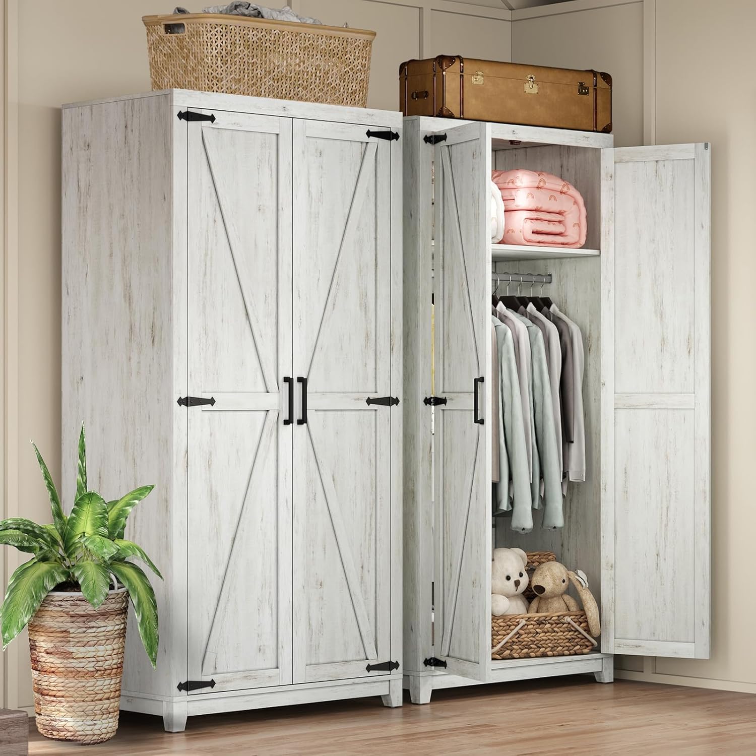 AMERLIFE Farmhouse Armoire Wardrobe Closet with 2 Barn Doors, 71'' Storage Cabinet with Hanging Rod & Shelf, Versatile Clothing Storage for Bedroom, Distressed White - Grand Goldman