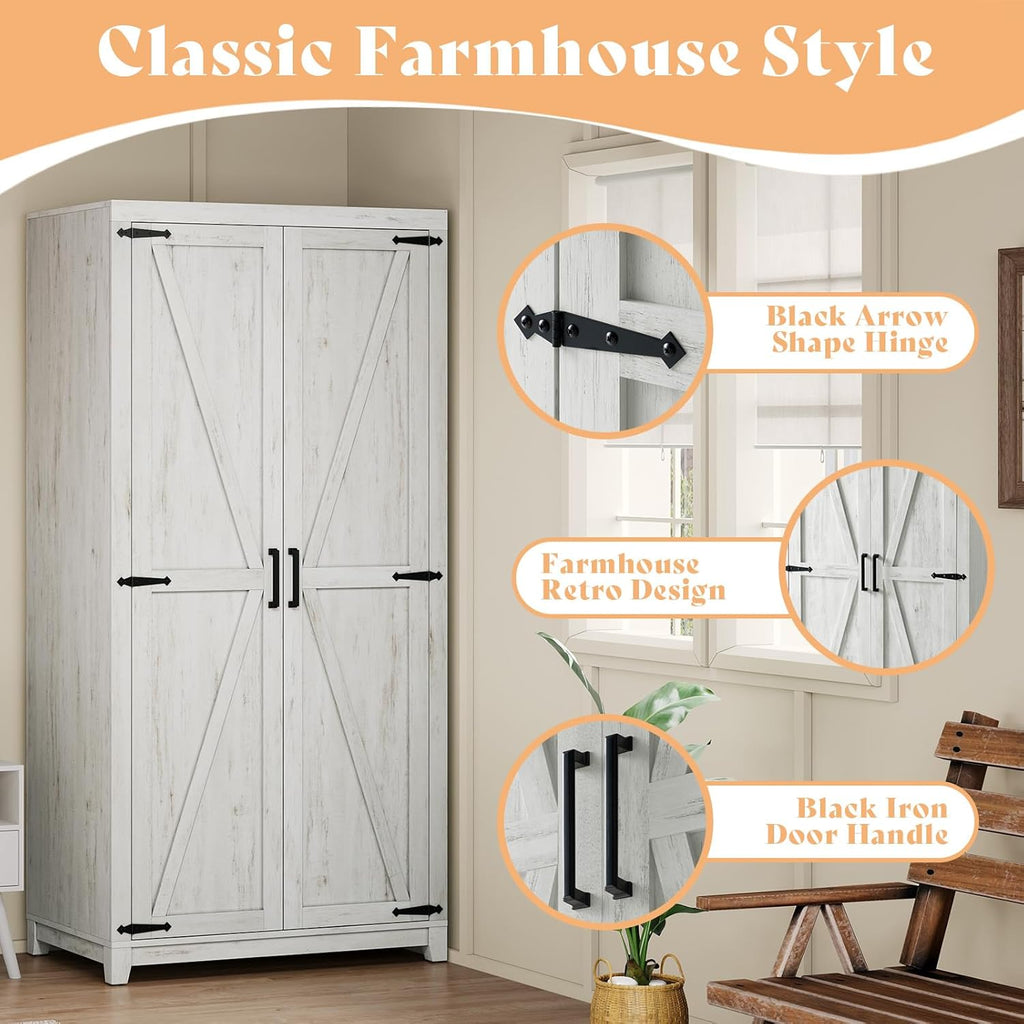 AMERLIFE Farmhouse Armoire Wardrobe Closet with 2 Barn Doors, 71'' Storage Cabinet with Hanging Rod & Shelf, Versatile Clothing Storage for Bedroom, Distressed White - Grand Goldman