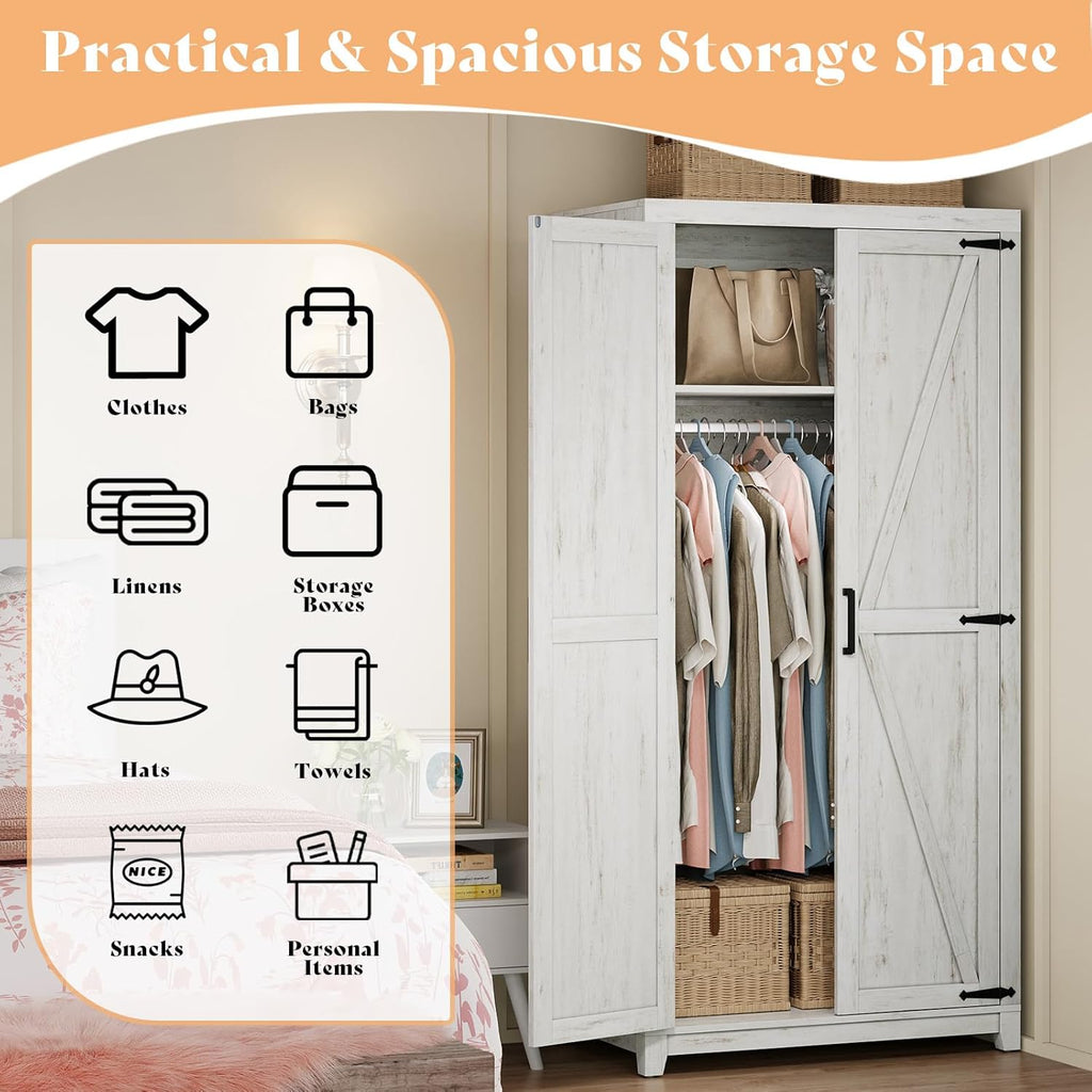 AMERLIFE Farmhouse Armoire Wardrobe Closet with 2 Barn Doors, 71'' Storage Cabinet with Hanging Rod & Shelf, Versatile Clothing Storage for Bedroom, Distressed White - Grand Goldman