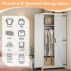 AMERLIFE Farmhouse Armoire Wardrobe Closet with 2 Barn Doors, 71'' Storage Cabinet with Hanging Rod & Shelf, Versatile Clothing Storage for Bedroom, Distressed White - Grand Goldman
