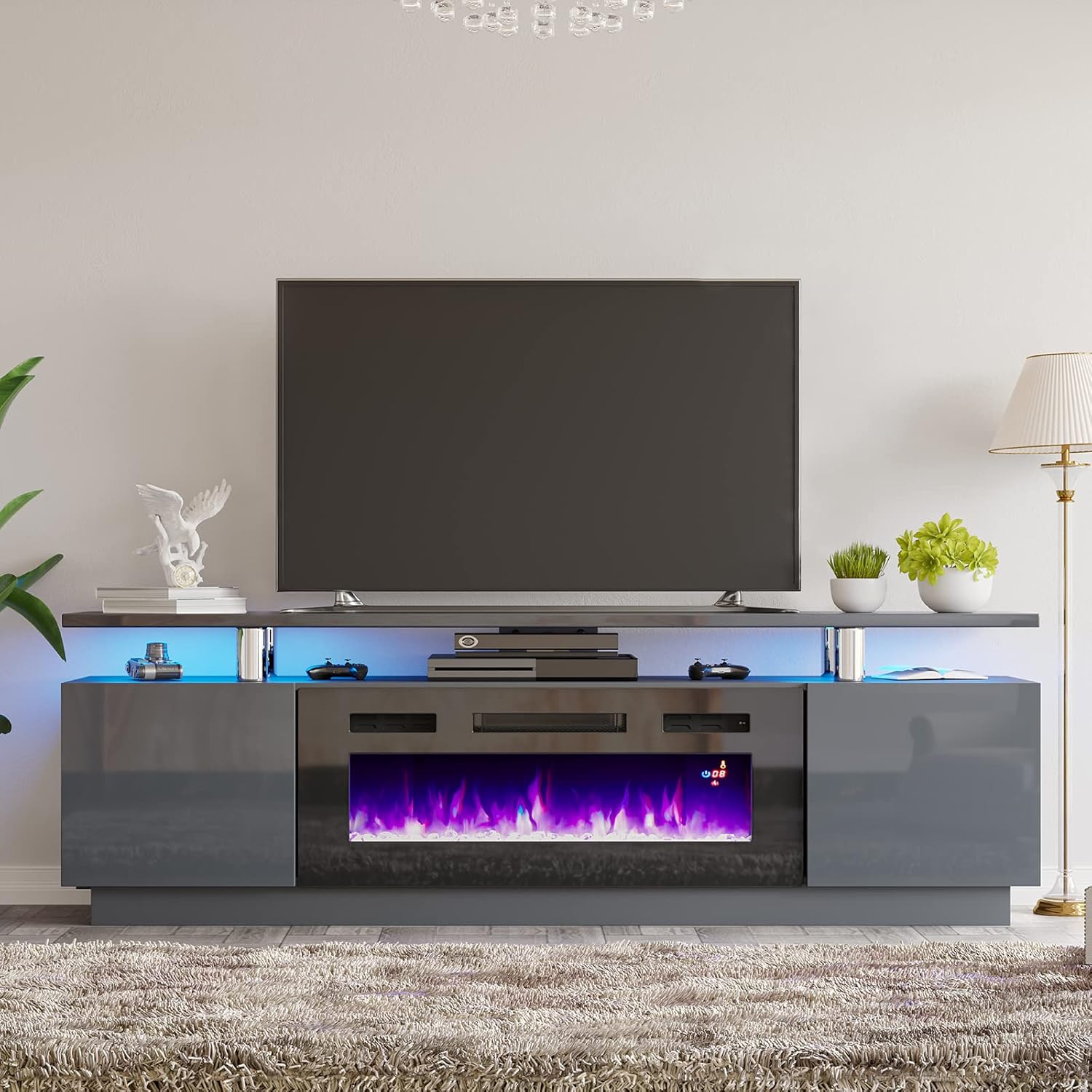 AMERLIFE Fireplace TV Stand with 36" Fireplace, 70" Modern High Gloss Fireplace Entertainment Center LED Lights, 2 Tier TV Console Cabinet for TVs Up to 80", Obsidian Black - Grand Goldman