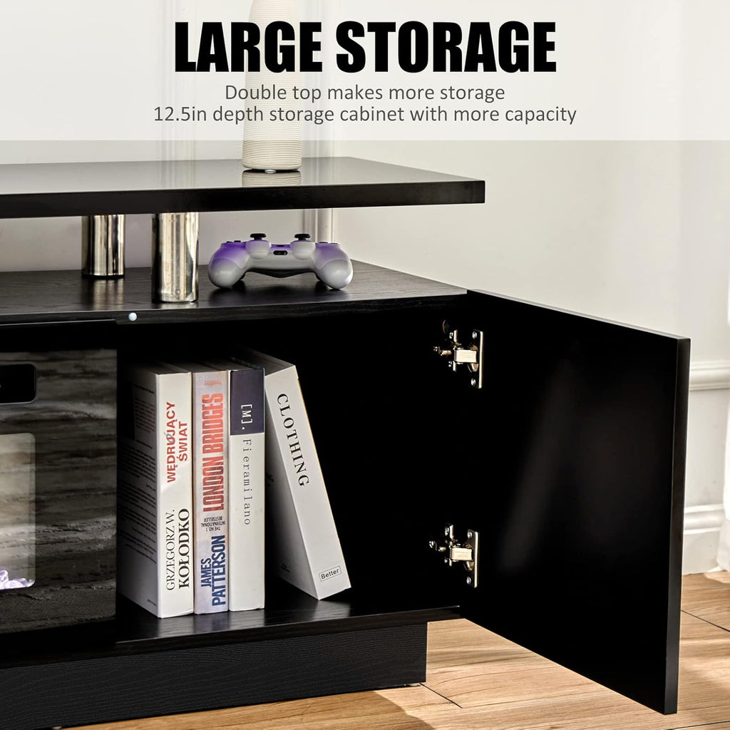 AMERLIFE Fireplace TV Stand with 36" Fireplace, 70" Modern High Gloss Fireplace Entertainment Center LED Lights, 2 Tier TV Console Cabinet for TVs Up to 80", Obsidian Black - Grand Goldman