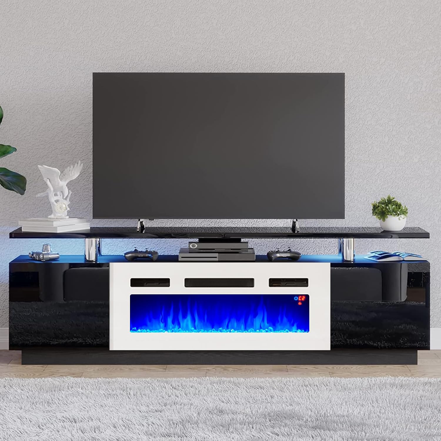 AMERLIFE Fireplace TV Stand with 36" Fireplace, 70" Modern High Gloss Fireplace Entertainment Center LED Lights, 2 Tier TV Console Cabinet for TVs Up to 80", Obsidian Black - Grand Goldman
