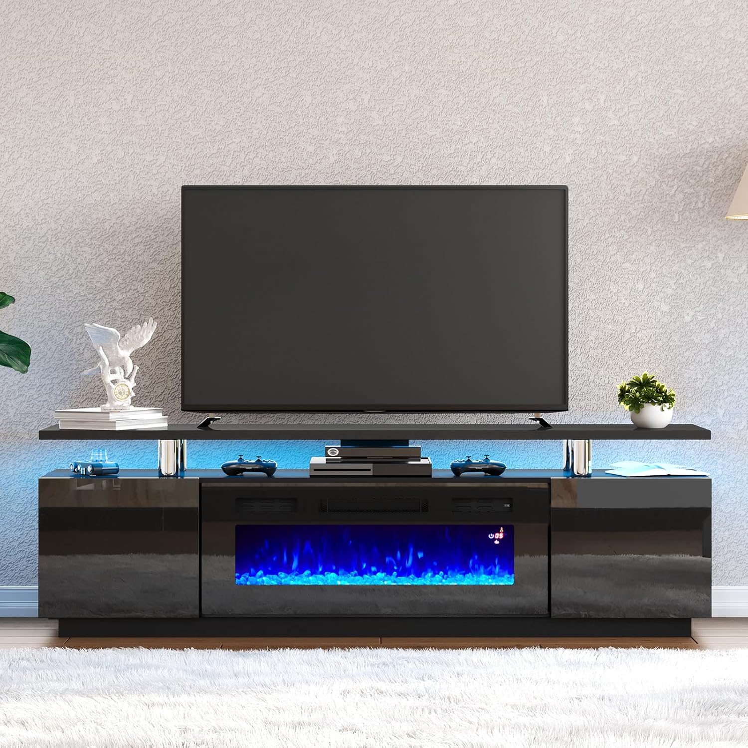 AMERLIFE Fireplace TV Stand with 36" Fireplace, 70" Modern High Gloss Fireplace Entertainment Center LED Lights, 2 Tier TV Console Cabinet for TVs Up to 80", Obsidian Black - Grand Goldman