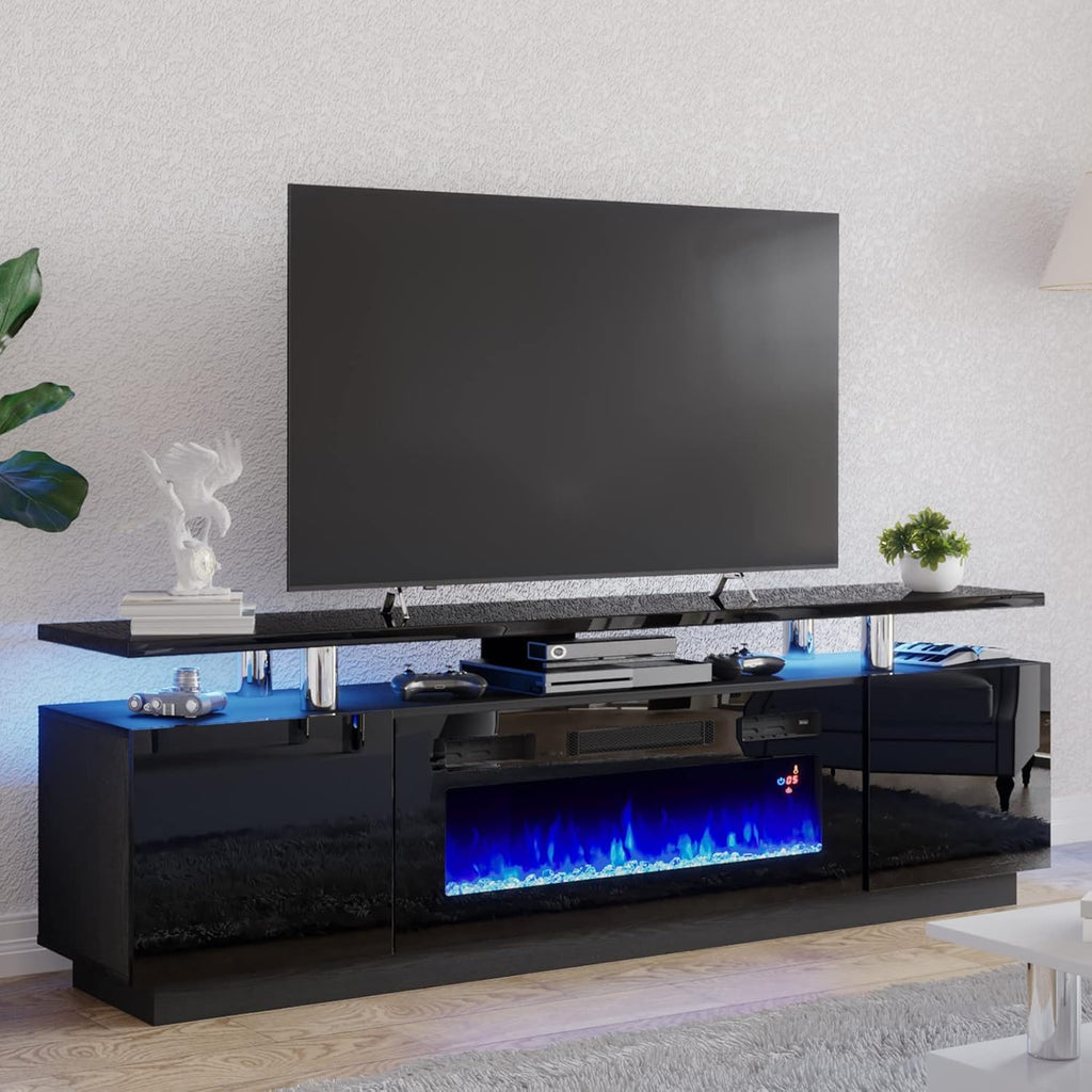 AMERLIFE Fireplace TV Stand with 36" Fireplace, 70" Modern High Gloss Fireplace Entertainment Center LED Lights, 2 Tier TV Console Cabinet for TVs Up to 80", Obsidian Black - Grand Goldman