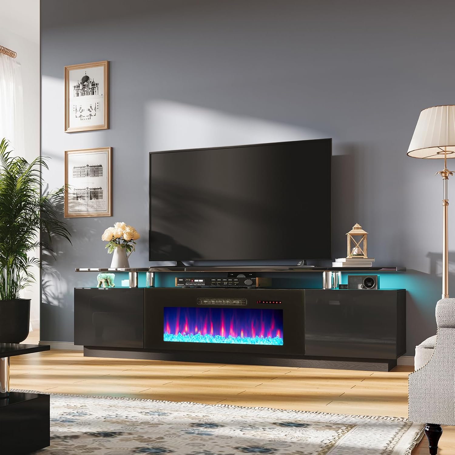 AMERLIFE Fireplace TV Stand with 36" Fireplace, 70" Modern High Gloss Fireplace Entertainment Center LED Lights, 2 Tier TV Console Cabinet for TVs Up to 80", Obsidian Black - Grand Goldman