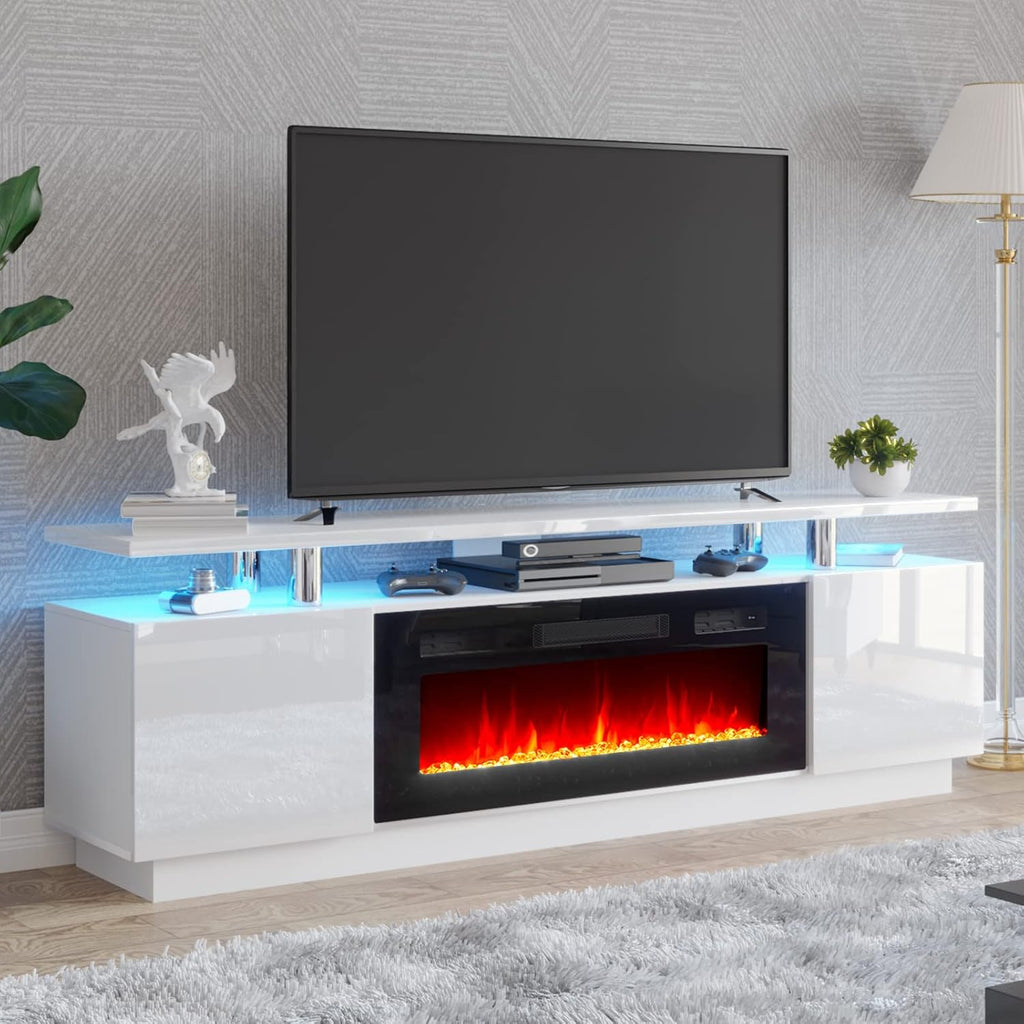 AMERLIFE Fireplace TV Stand with 36" Fireplace, 70" Modern High Gloss Fireplace Entertainment Center LED Lights, 2 Tier TV Console Cabinet for TVs Up to 80", Obsidian Black - Grand Goldman