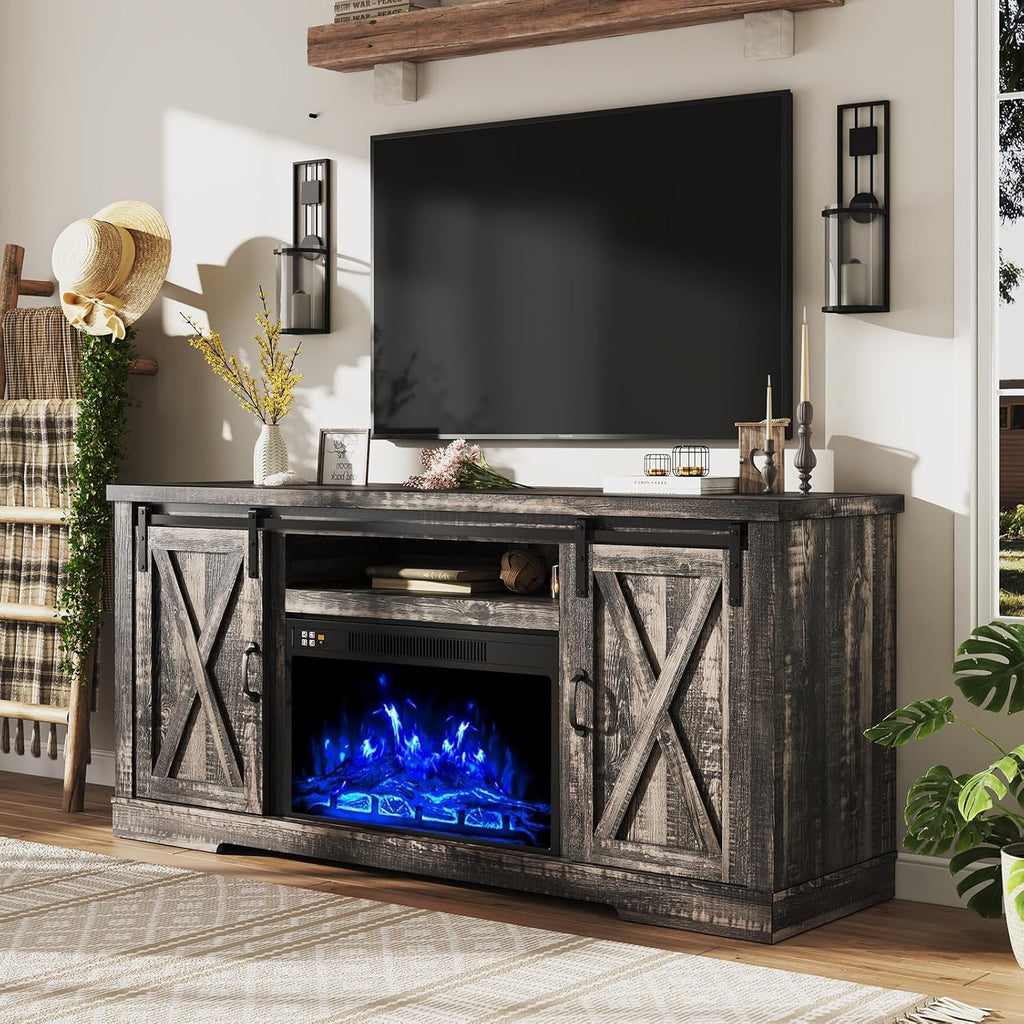 AMERLIFE Fireplace TV Stand with Sliding Barn Door for TVs up to 73", Farmhouse 63" Fireplace Entertainment Center with Storage Cabinets/Adjustable Shelves, Distressed White & Barnwood - Grand Goldman
