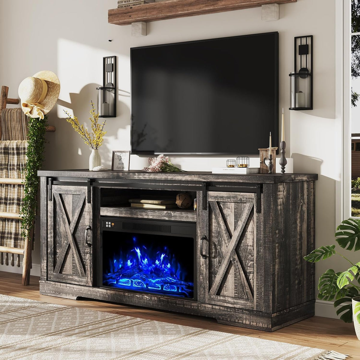 AMERLIFE Fireplace TV Stand with Sliding Barn Door for TVs up to 73", Farmhouse 63" Fireplace Entertainment Center with Storage Cabinets/Adjustable Shelves, Distressed White & Barnwood - Grand Goldman