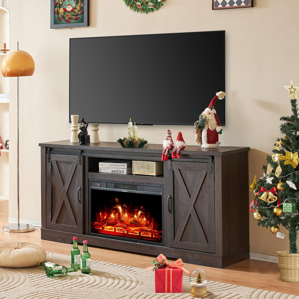AMERLIFE Fireplace TV Stand with Sliding Barn Door for TVs up to 73", Farmhouse 63" Fireplace Entertainment Center with Storage Cabinets/Adjustable Shelves, Distressed White & Barnwood - Grand Goldman