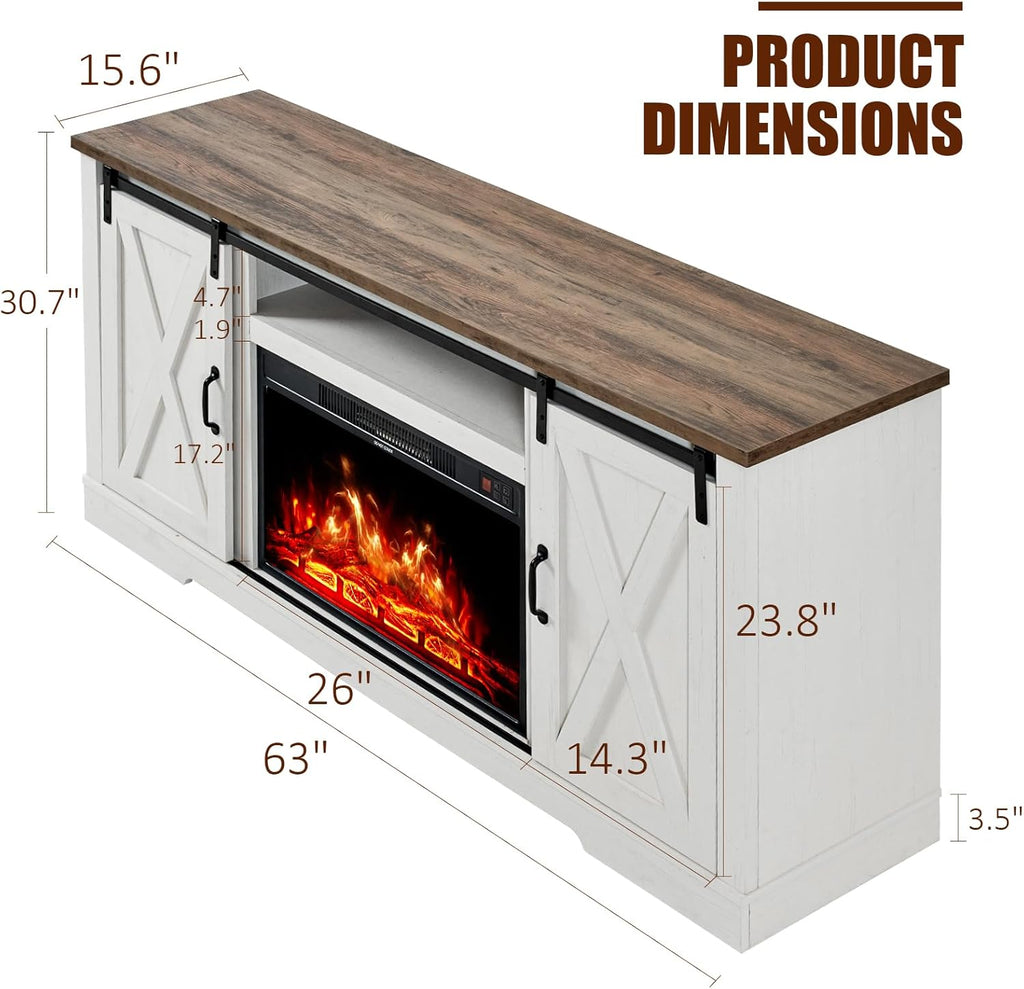 AMERLIFE Fireplace TV Stand with Sliding Barn Door for TVs up to 73", Farmhouse 63" Fireplace Entertainment Center with Storage Cabinets/Adjustable Shelves, Distressed White & Barnwood - Grand Goldman