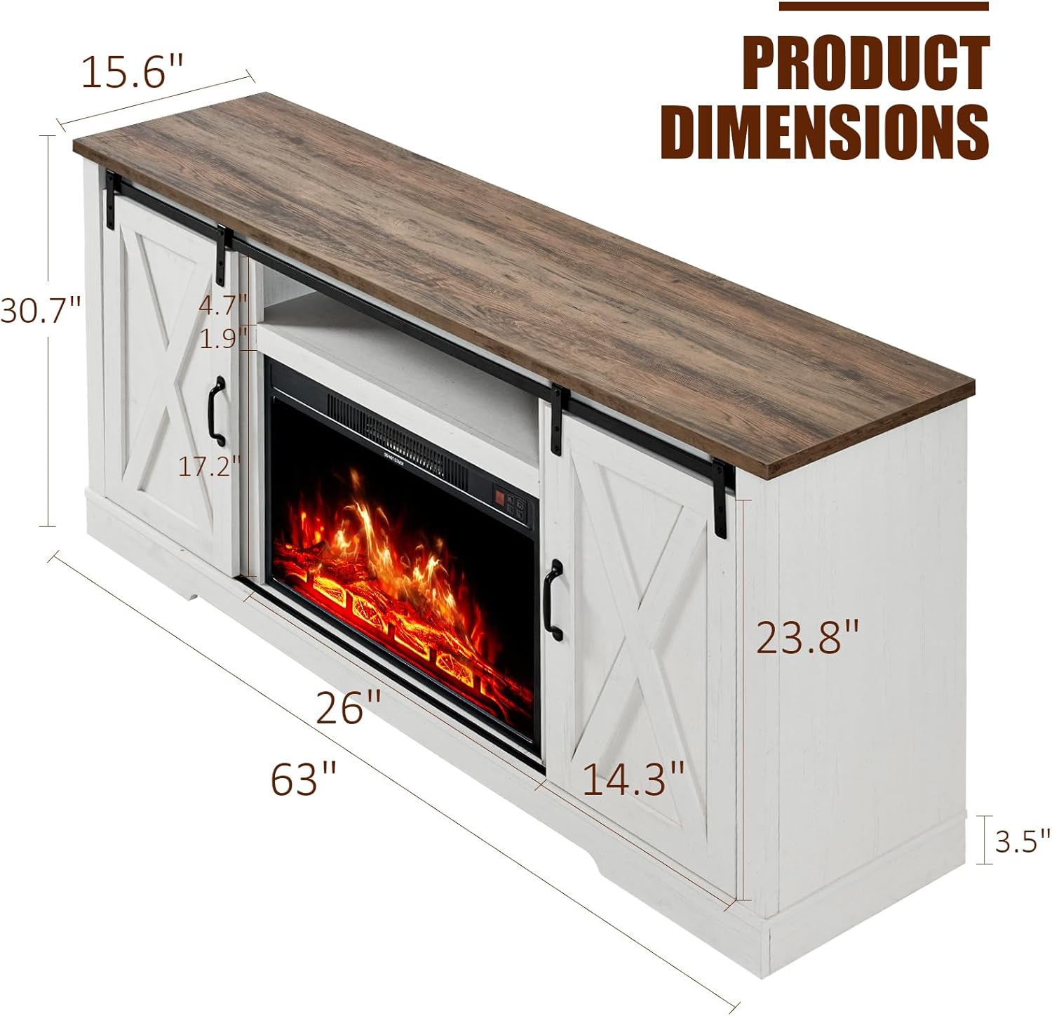 AMERLIFE Fireplace TV Stand with Sliding Barn Door for TVs up to 73", Farmhouse 63" Fireplace Entertainment Center with Storage Cabinets/Adjustable Shelves, Distressed White & Barnwood - Grand Goldman