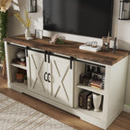 AMERLIFE Fireplace TV Stand with Sliding Barn Door for TVs up to 73", Farmhouse 63" Fireplace Entertainment Center with Storage Cabinets/Adjustable Shelves, Distressed White & Barnwood - Grand Goldman
