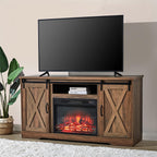 AMERLIFE Fireplace TV Stand with Sliding Barn Door for TVs up to 73", Farmhouse 63" Fireplace Entertainment Center with Storage Cabinets/Adjustable Shelves, Distressed White & Barnwood - Grand Goldman