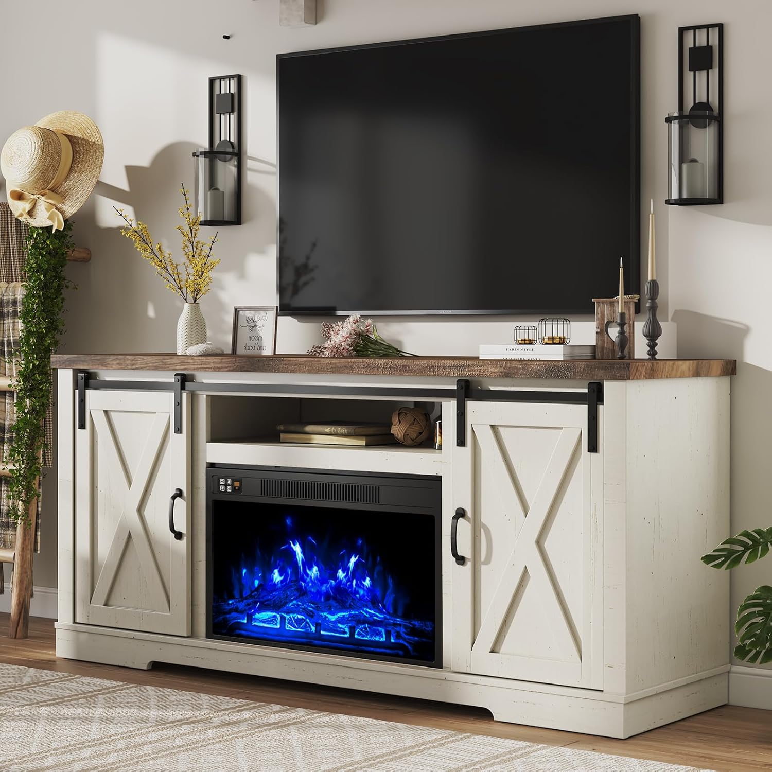 AMERLIFE Fireplace TV Stand with Sliding Barn Door for TVs up to 73", Farmhouse 63" Fireplace Entertainment Center with Storage Cabinets/Adjustable Shelves, Distressed White & Barnwood - Grand Goldman