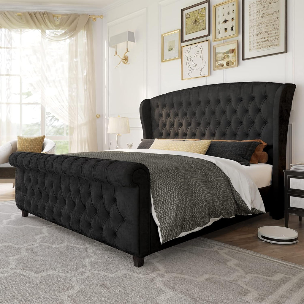 AMERLIFE King Size Platform Bed Frame, Chenille Upholstered Sleigh Bed with Scroll Wingback Headboard & Footboard/Button Tufted/No Box Spring Required/Cream - Grand Goldman