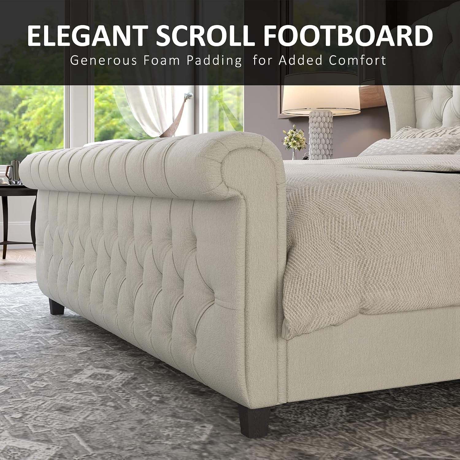 AMERLIFE King Size Platform Bed Frame, Chenille Upholstered Sleigh Bed with Scroll Wingback Headboard & Footboard/Button Tufted/No Box Spring Required/Cream - Grand Goldman