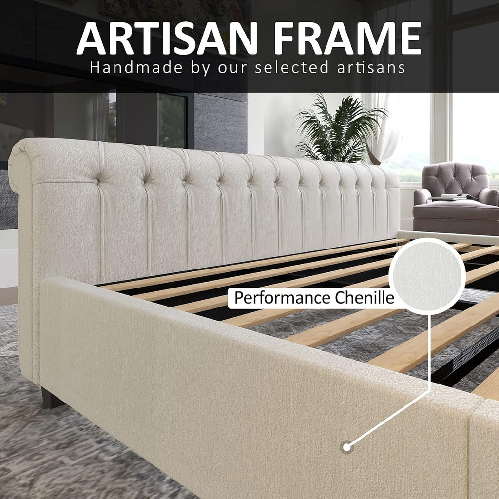 AMERLIFE King Size Platform Bed Frame, Chenille Upholstered Sleigh Bed with Scroll Wingback Headboard & Footboard/Button Tufted/No Box Spring Required/Cream - Grand Goldman