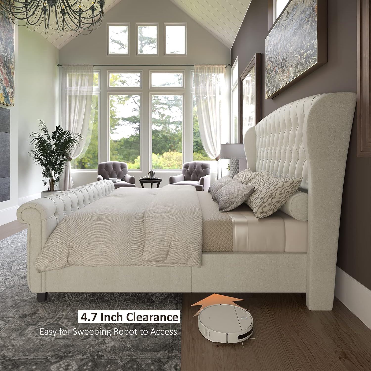 AMERLIFE King Size Platform Bed Frame, Chenille Upholstered Sleigh Bed with Scroll Wingback Headboard & Footboard/Button Tufted/No Box Spring Required/Cream - Grand Goldman