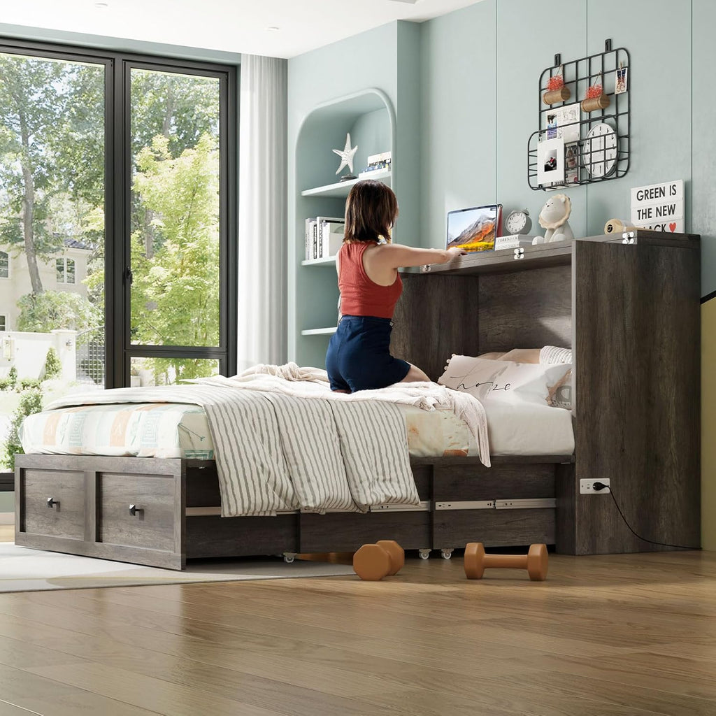 AMERLIFE Queen Murphy Bed with Storage & Charging Station, Farmhouse Murphy Cabinet with Foldable Panel, Noisy Free, for Guest Bedroom, Living Room, Office, Distressed White & Barnwood - Grand Goldman