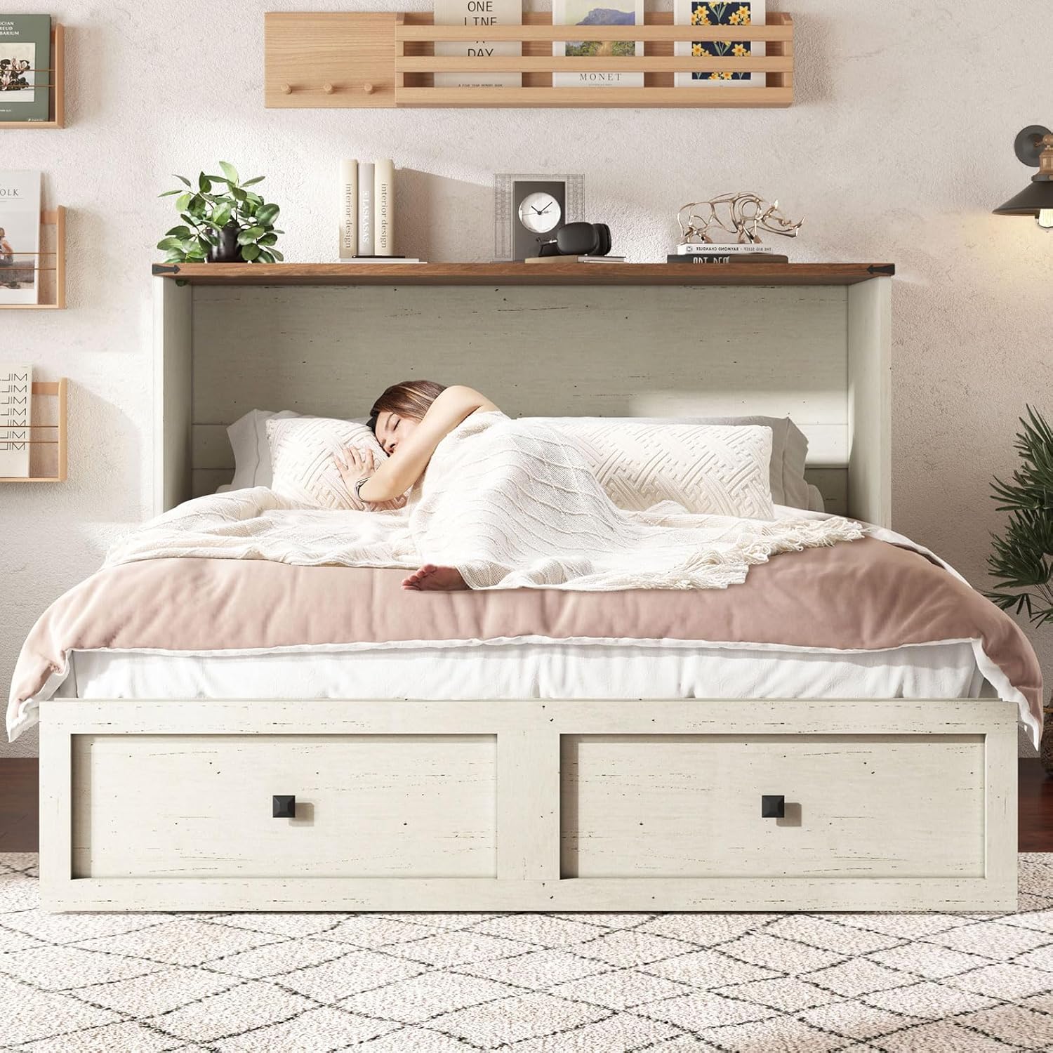 AMERLIFE Queen Murphy Bed with Storage & Charging Station, Farmhouse Murphy Cabinet with Foldable Panel, Noisy Free, for Guest Bedroom, Living Room, Office, Distressed White & Barnwood - Grand Goldman