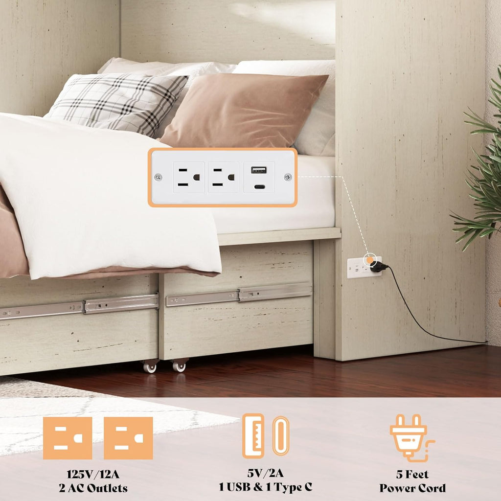 AMERLIFE Queen Murphy Bed with Storage & Charging Station, Farmhouse Murphy Cabinet with Foldable Panel, Noisy Free, for Guest Bedroom, Living Room, Office, Distressed White & Barnwood - Grand Goldman
