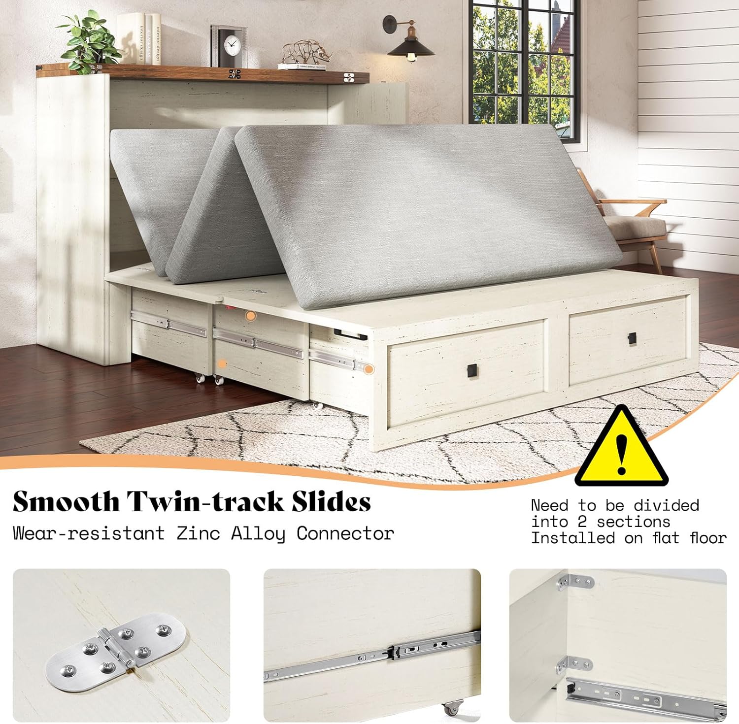 AMERLIFE Queen Murphy Bed with Storage & Charging Station, Farmhouse Murphy Cabinet with Foldable Panel, Noisy Free, for Guest Bedroom, Living Room, Office, Distressed White & Barnwood - Grand Goldman
