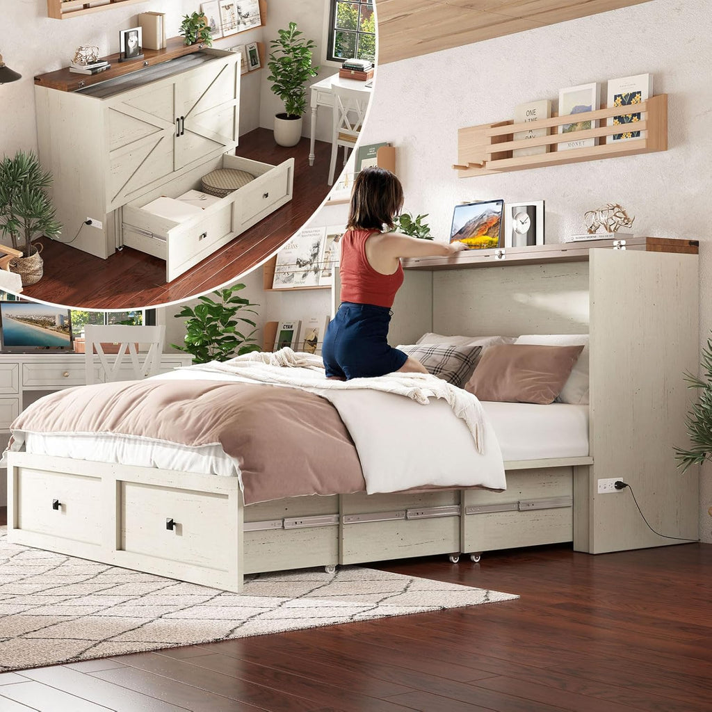AMERLIFE Queen Murphy Bed with Storage & Charging Station, Farmhouse Murphy Cabinet with Foldable Panel, Noisy Free, for Guest Bedroom, Living Room, Office, Distressed White & Barnwood - Grand Goldman