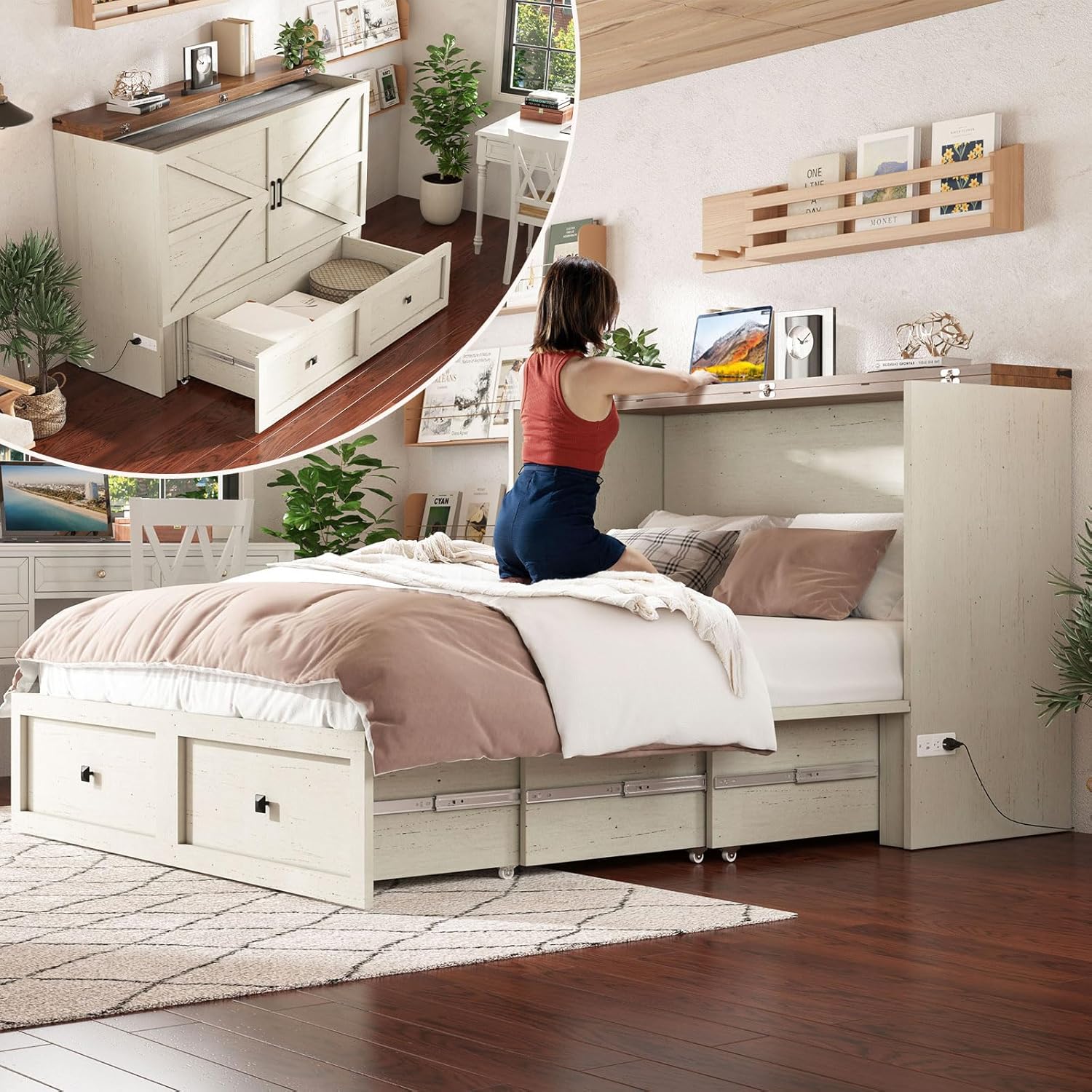 AMERLIFE Queen Murphy Bed with Storage & Charging Station, Farmhouse Murphy Cabinet with Foldable Panel, Noisy Free, for Guest Bedroom, Living Room, Office, Distressed White & Barnwood - Grand Goldman