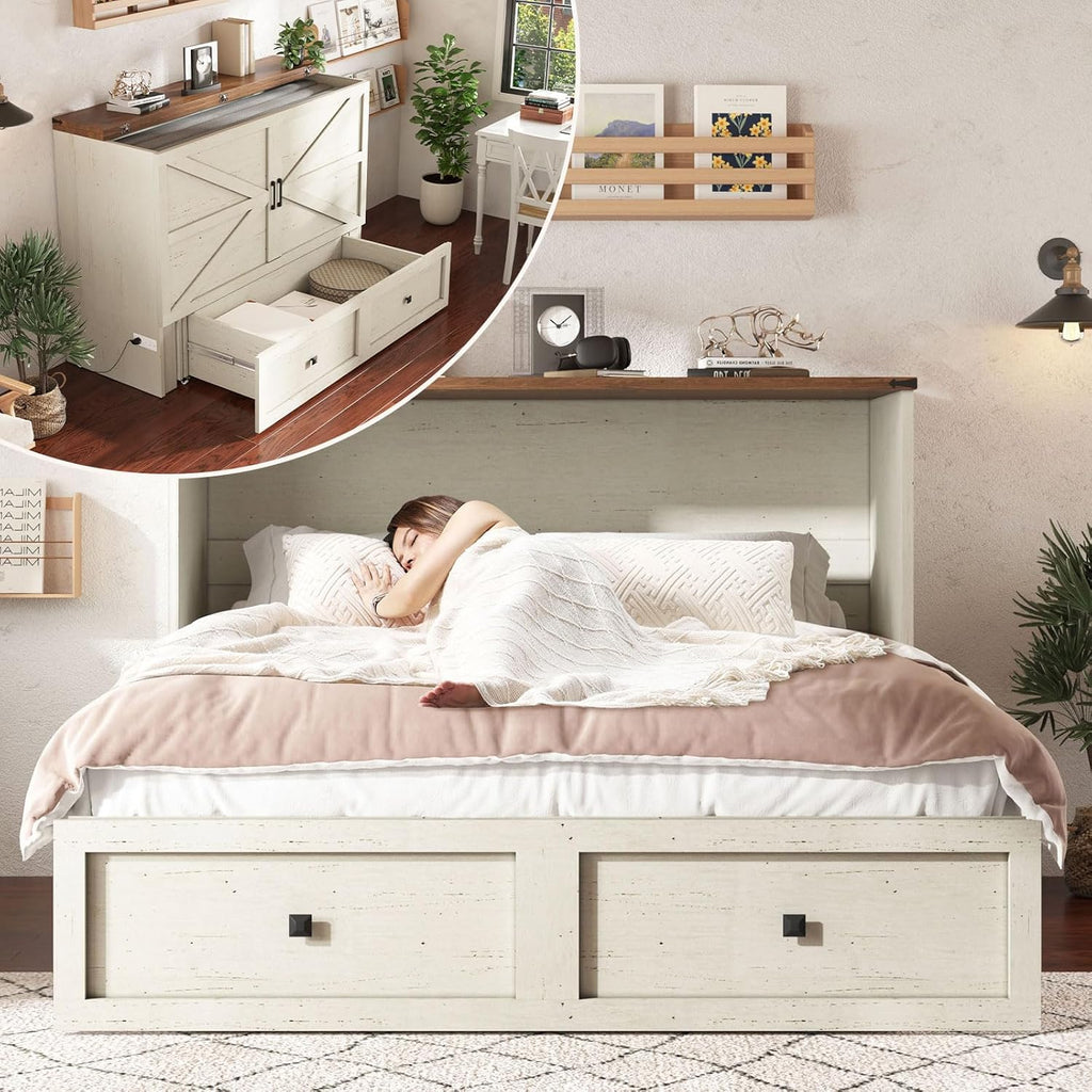 AMERLIFE Queen Murphy Bed with Storage & Charging Station, Farmhouse Murphy Cabinet with Foldable Panel, Noisy Free, for Guest Bedroom, Living Room, Office, Distressed White & Barnwood - Grand Goldman