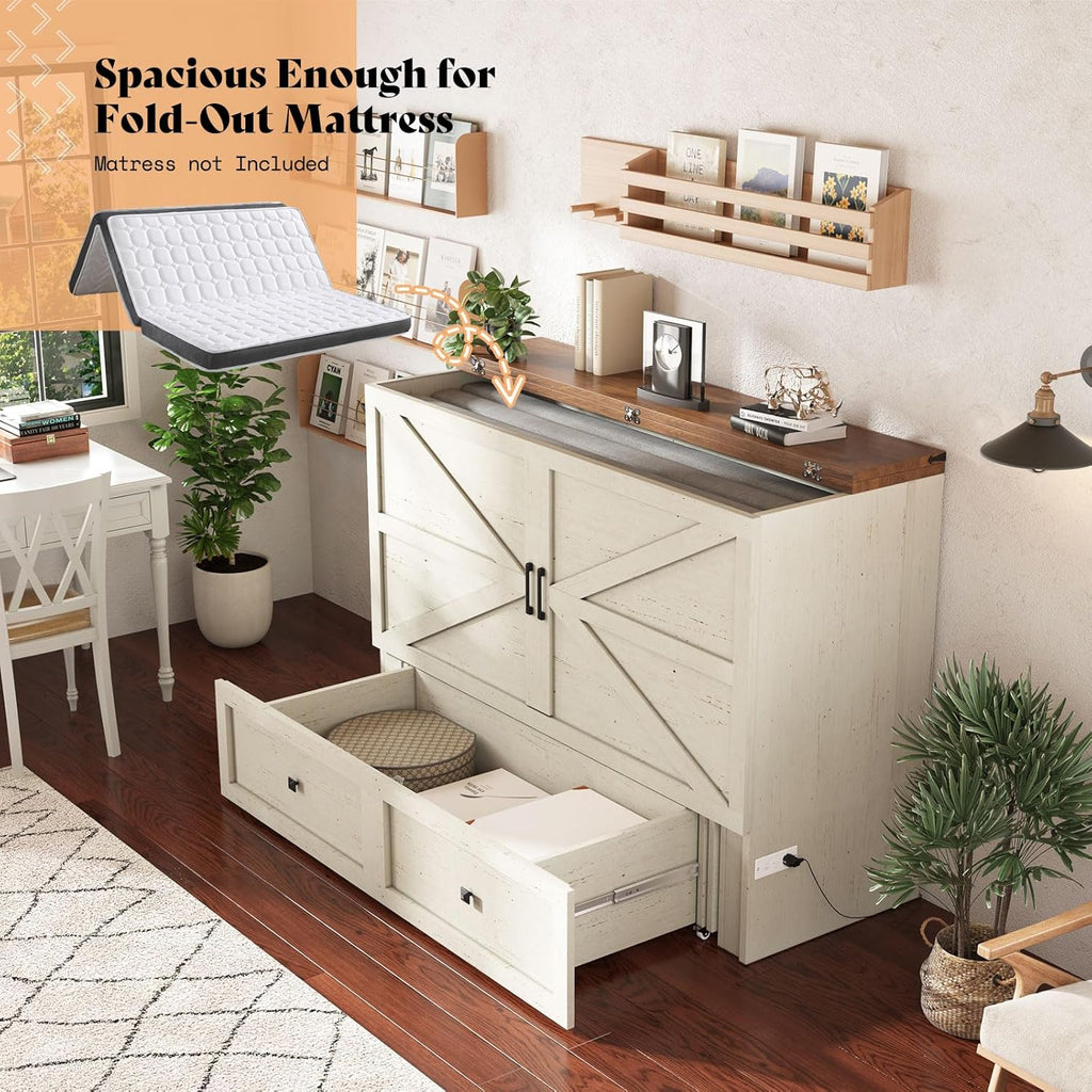 AMERLIFE Queen Murphy Bed with Storage & Charging Station, Farmhouse Murphy Cabinet with Foldable Panel, Noisy Free, for Guest Bedroom, Living Room, Office, Distressed White & Barnwood - Grand Goldman