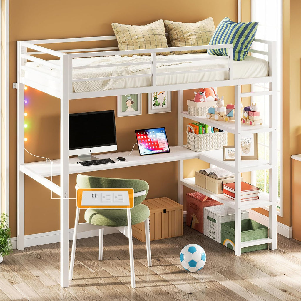 ANCTOR Loft Bed Twin Size with L Shaped Desk and Shelves, Heavy Duty Metal Loft Bed Frame with Power Outlet and LED Lighted, Space-Saving, Noise Free， Brown - Grand Goldman