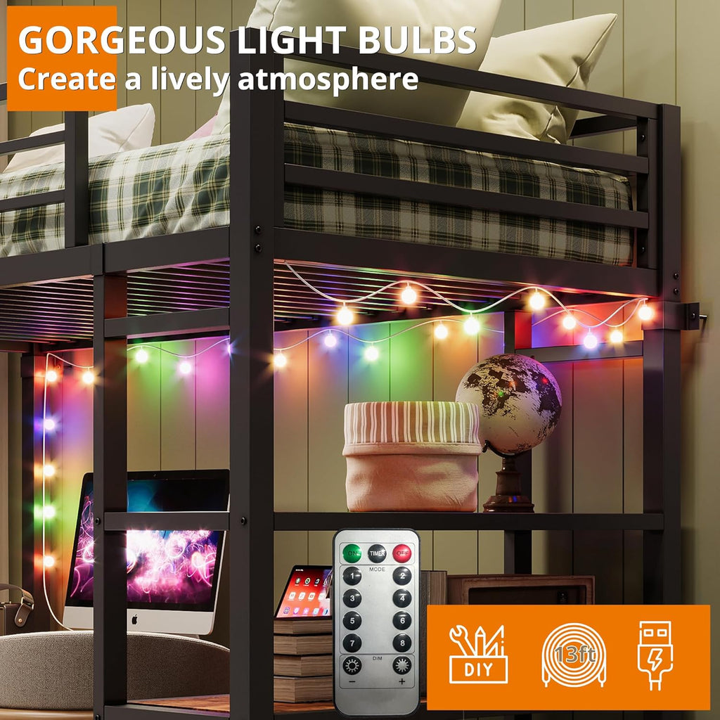 ANCTOR Loft Bed Twin Size with L Shaped Desk and Shelves, Heavy Duty Metal Loft Bed Frame with Power Outlet and LED Lighted, Space-Saving, Noise Free， Brown - Grand Goldman