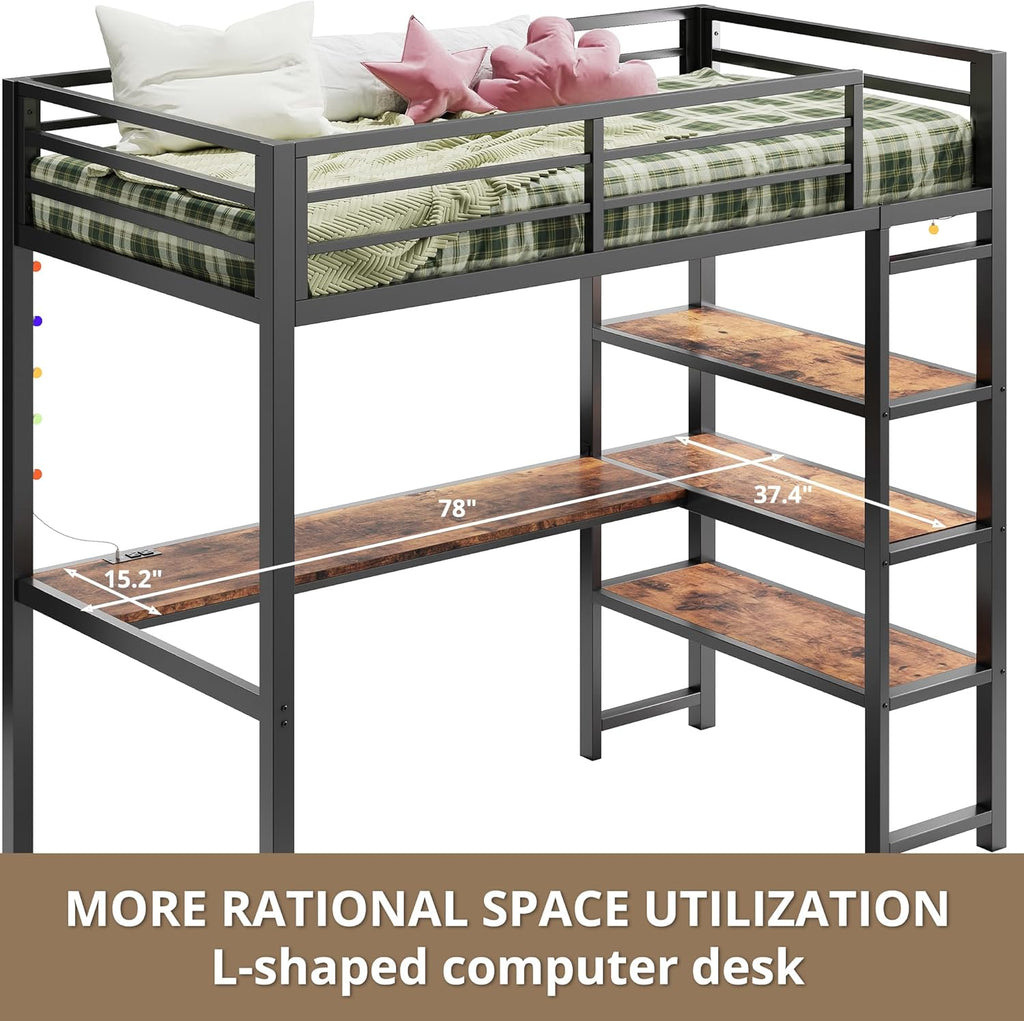 ANCTOR Loft Bed Twin Size with L Shaped Desk and Shelves, Heavy Duty Metal Loft Bed Frame with Power Outlet and LED Lighted, Space-Saving, Noise Free， Brown - Grand Goldman