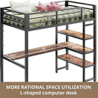 ANCTOR Loft Bed Twin Size with L Shaped Desk and Shelves, Heavy Duty Metal Loft Bed Frame with Power Outlet and LED Lighted, Space-Saving, Noise Free， Brown - Grand Goldman