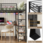 ANCTOR Loft Bed Twin Size with L Shaped Desk and Shelves, Heavy Duty Metal Loft Bed Frame with Power Outlet and LED Lighted, Space-Saving, Noise Free， Brown - Grand Goldman