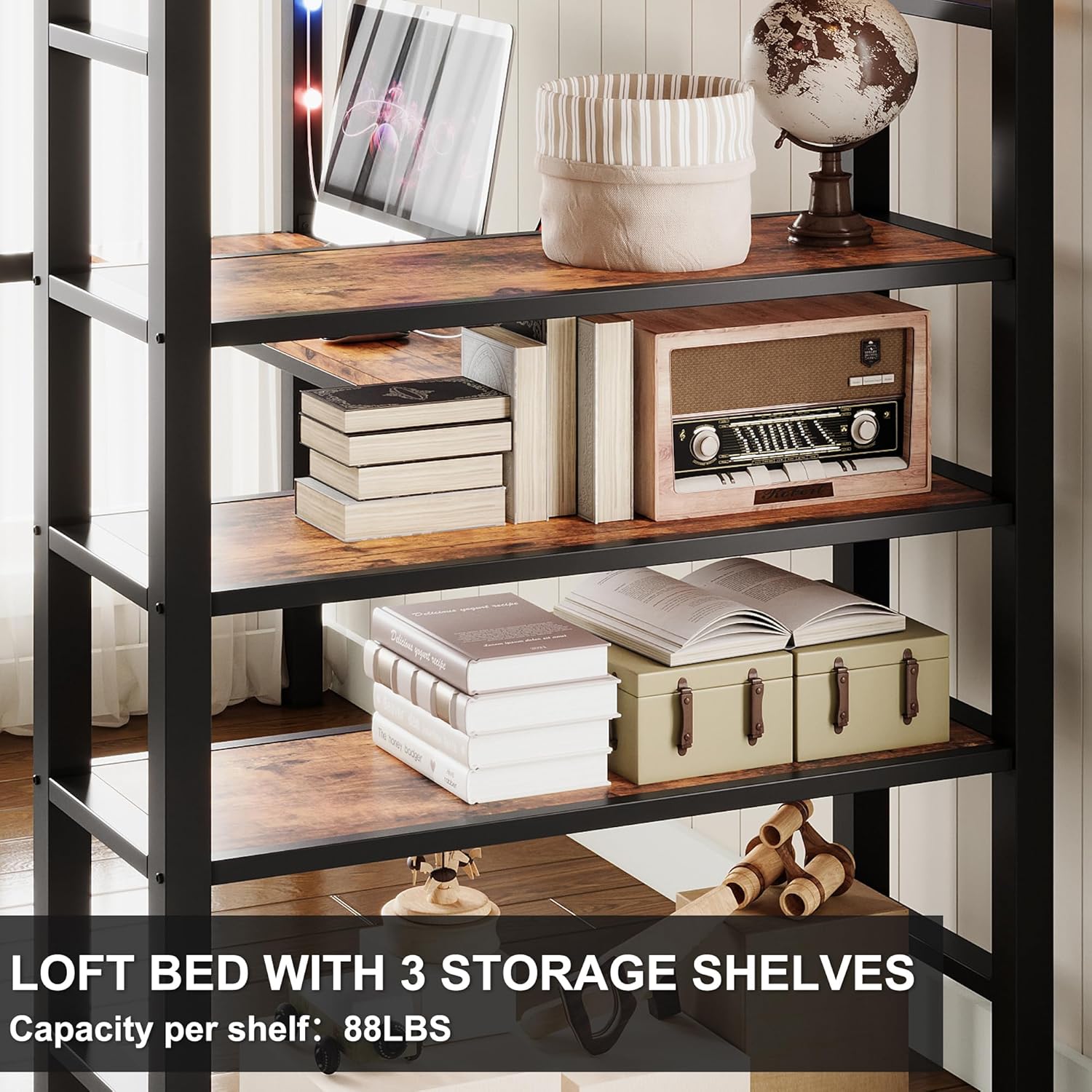 ANCTOR Loft Bed Twin Size with L Shaped Desk and Shelves, Heavy Duty Metal Loft Bed Frame with Power Outlet and LED Lighted, Space-Saving, Noise Free， Brown - Grand Goldman