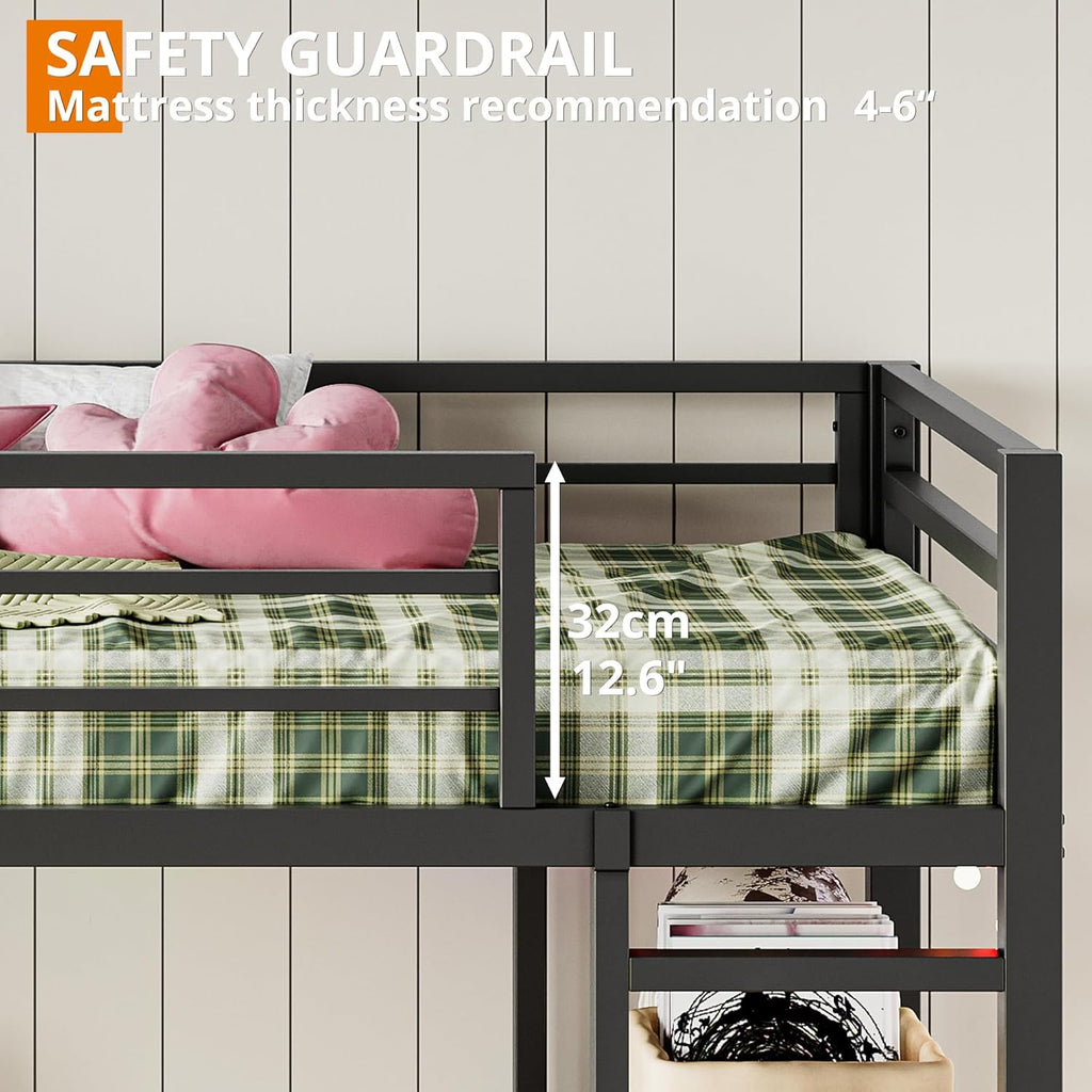 ANCTOR Loft Bed Twin Size with L Shaped Desk and Shelves, Heavy Duty Metal Loft Bed Frame with Power Outlet and LED Lighted, Space-Saving, Noise Free， Brown - Grand Goldman