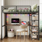 ANCTOR Loft Bed Twin Size with L Shaped Desk and Shelves, Heavy Duty Metal Loft Bed Frame with Power Outlet and LED Lighted, Space-Saving, Noise Free， Brown - Grand Goldman