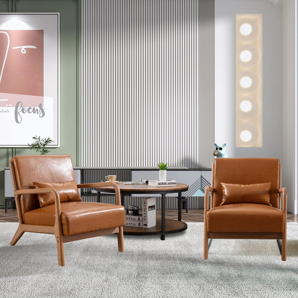 ANJHOME Mid Century Modern Accent Chair, Comfy Fabric Living Room Chairs with Solid Wood Frame, Lounge Reading Armchair, Easy Assembly, Beige - Grand Goldman