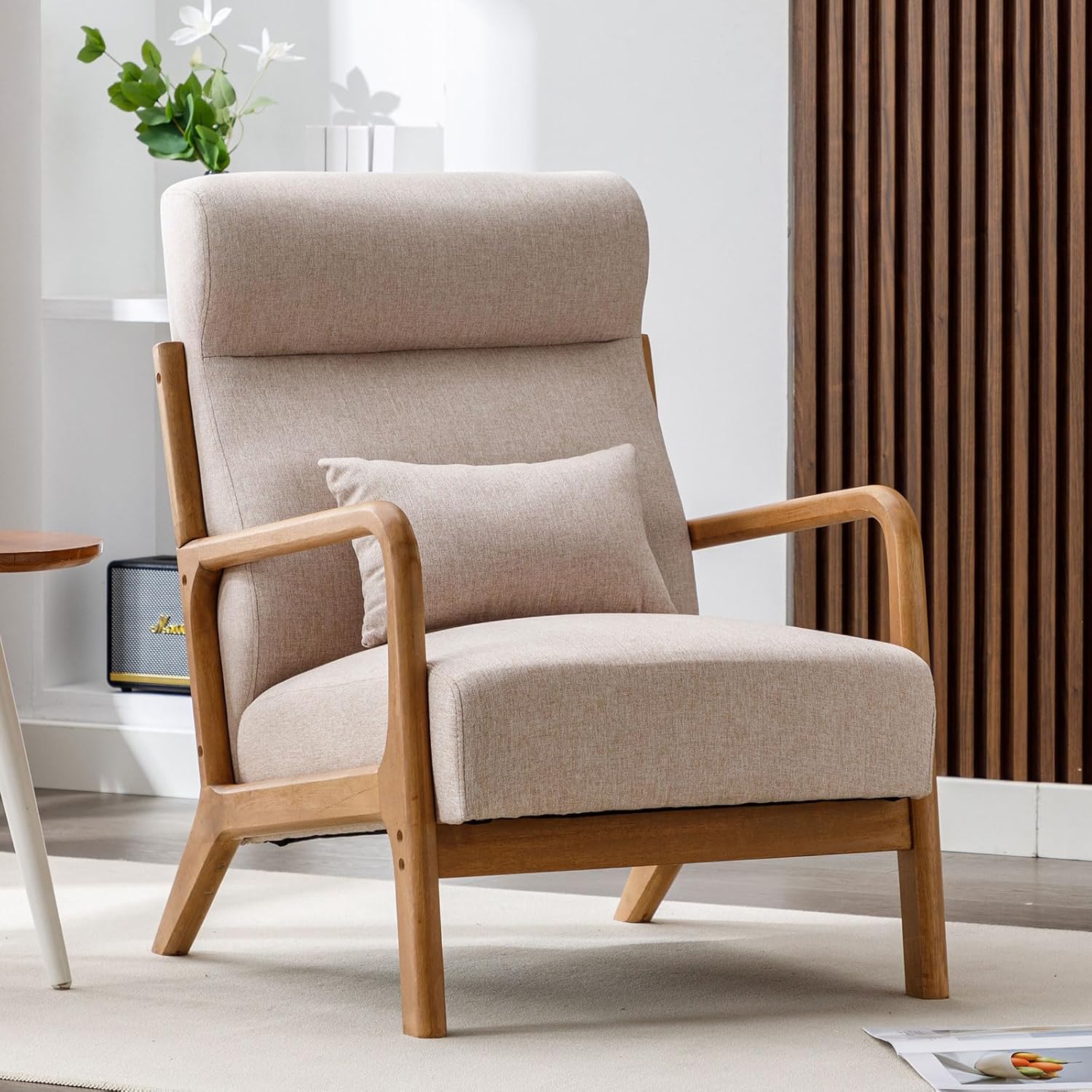ANJHOME Mid Century Modern Accent Chair, Comfy Fabric Living Room Chairs with Solid Wood Frame, Lounge Reading Armchair, Easy Assembly, Beige - Grand Goldman