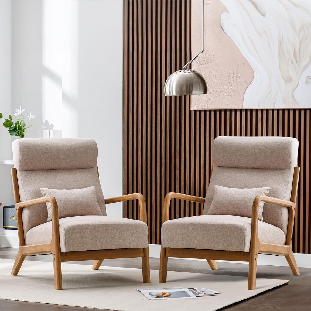 ANJHOME Mid Century Modern Accent Chair, Comfy Fabric Living Room Chairs with Solid Wood Frame, Lounge Reading Armchair, Easy Assembly, Beige - Grand Goldman