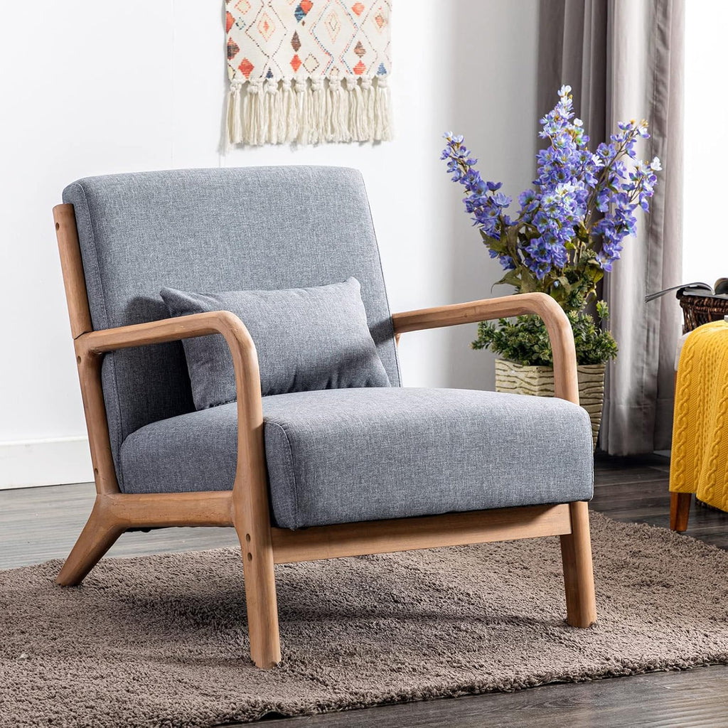 ANJHOME Mid Century Modern Accent Chair, Comfy Fabric Living Room Chairs with Solid Wood Frame, Lounge Reading Armchair, Easy Assembly, Beige - Grand Goldman
