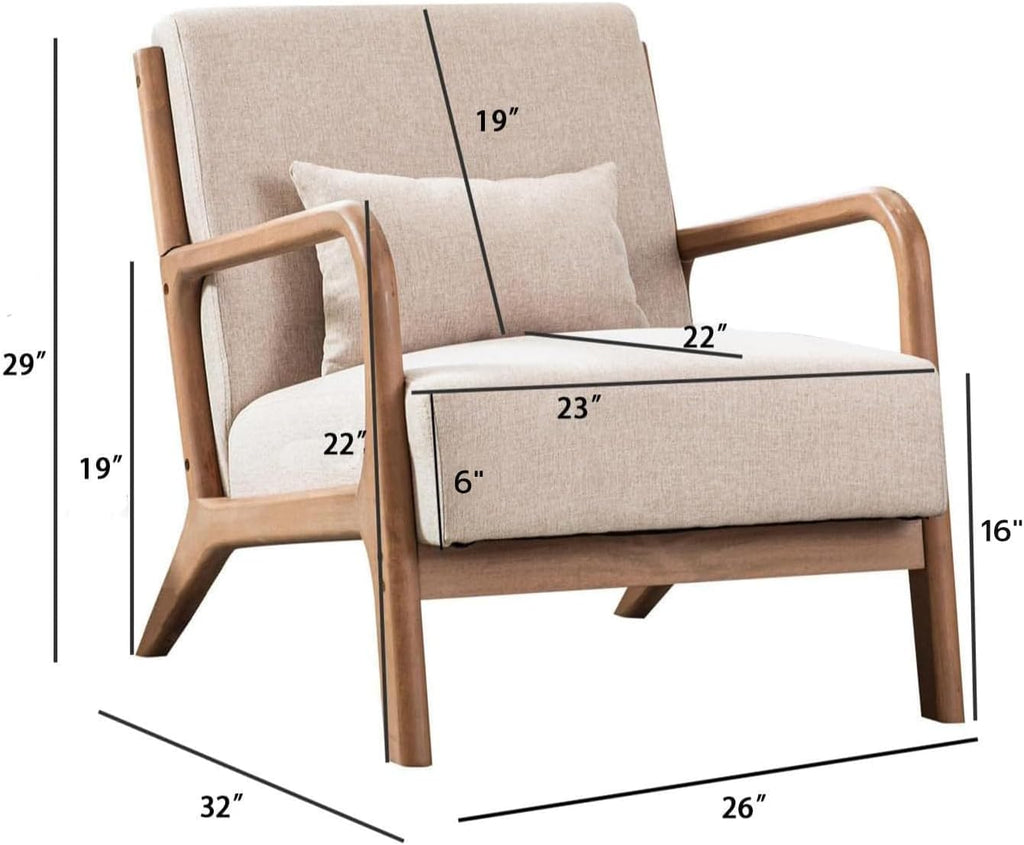 ANJHOME Mid Century Modern Accent Chair, Comfy Fabric Living Room Chairs with Solid Wood Frame, Lounge Reading Armchair, Easy Assembly, Beige - Grand Goldman