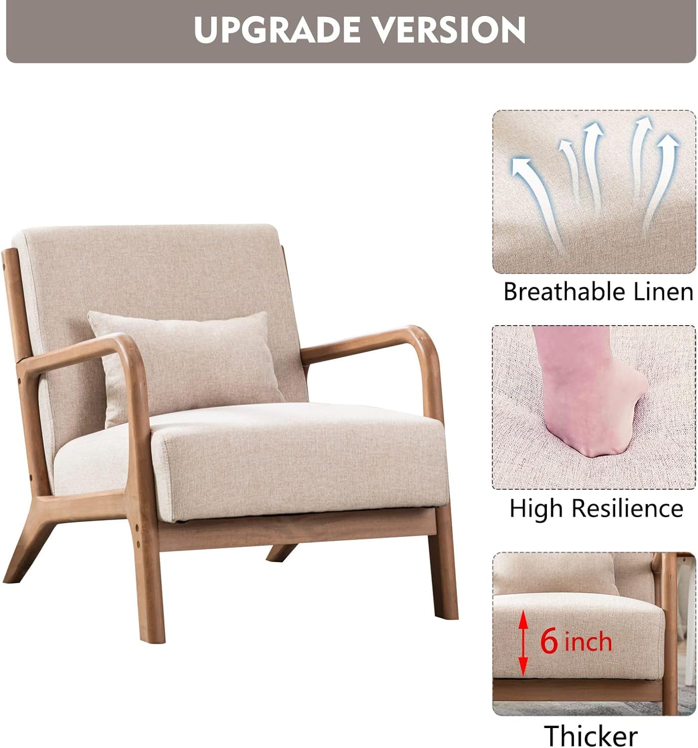 ANJHOME Mid Century Modern Accent Chair, Comfy Fabric Living Room Chairs with Solid Wood Frame, Lounge Reading Armchair, Easy Assembly, Beige - Grand Goldman