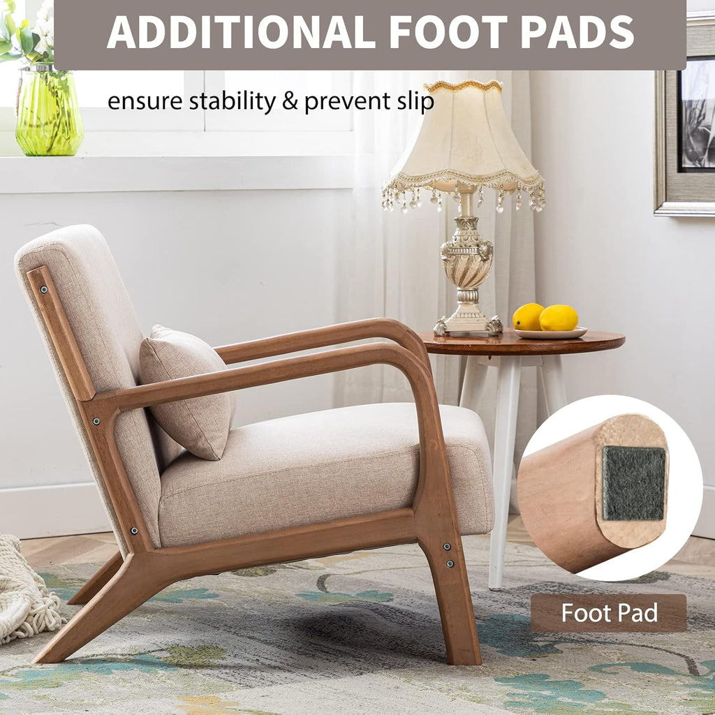 ANJHOME Mid Century Modern Accent Chair, Comfy Fabric Living Room Chairs with Solid Wood Frame, Lounge Reading Armchair, Easy Assembly, Beige - Grand Goldman