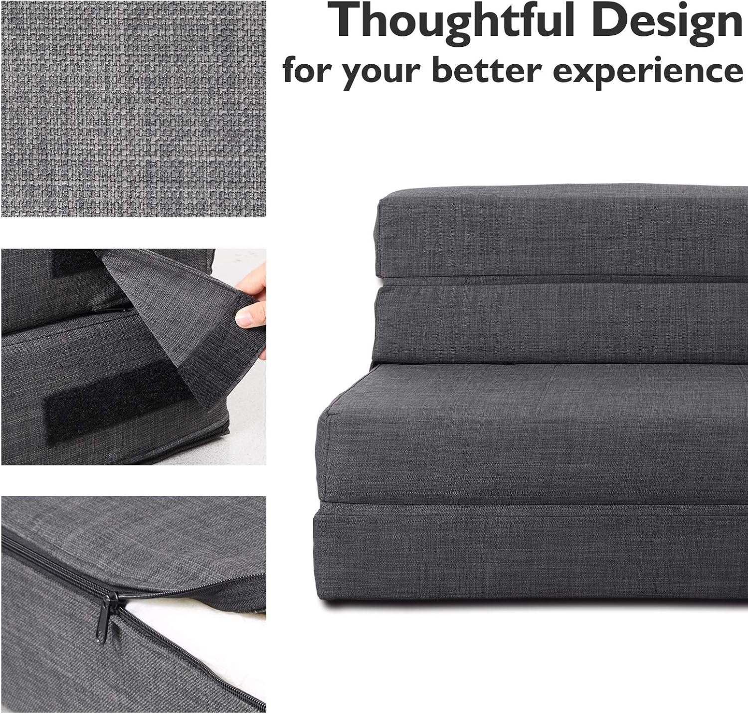 ANONER Fold Sofa Bed Couch Memory Foam with Pillow Futon Sleeper Chair Guest Bed and Fold Out Couch, Washable Cover Twin Size, Dark Gray - Grand Goldman