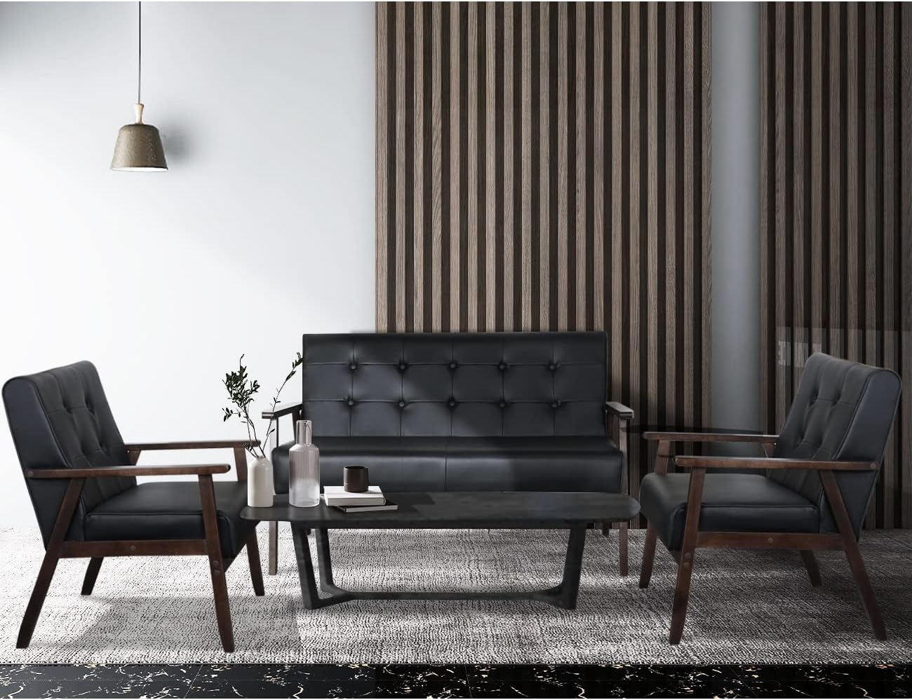 AODAILIHB Leather Sofa Couch Set 2 Accent Chairs & 1Loveseat Black Faux Leather Loveseats Mid Century Modern Office Couch for Small Space Waiting Room Living Room Furniture (3, Black) - Grand Goldman