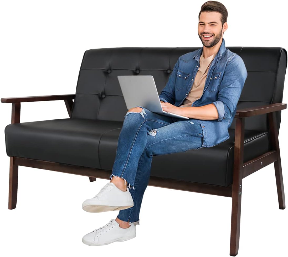 AODAILIHB Leather Sofa Couch Set 2 Accent Chairs & 1Loveseat Black Faux Leather Loveseats Mid Century Modern Office Couch for Small Space Waiting Room Living Room Furniture (3, Black) - Grand Goldman
