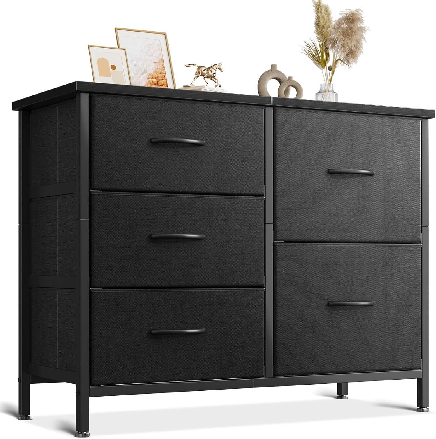 AODK Dresser for Bedroom Dresser TV Stand with 5 Storage Drawers, Small Fabric Dresser Chest of Drawers for Closet Organizer Clothes, Black - Grand Goldman